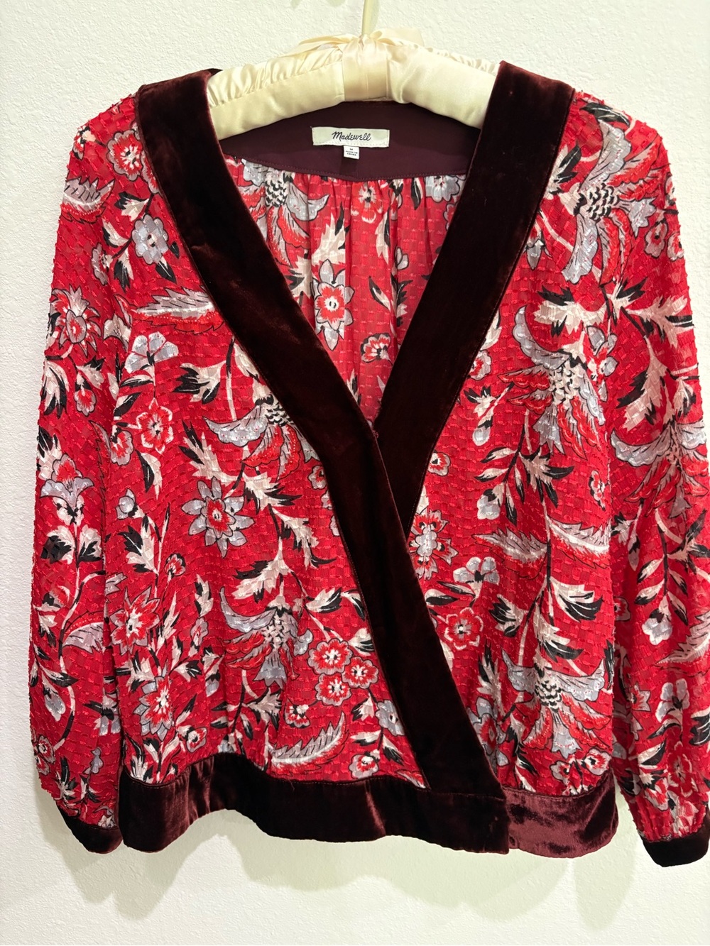 Madewell Delilah Bright Mixed Wrap Top Velvet Trim Cranberry Floral M WO7328 EUC
